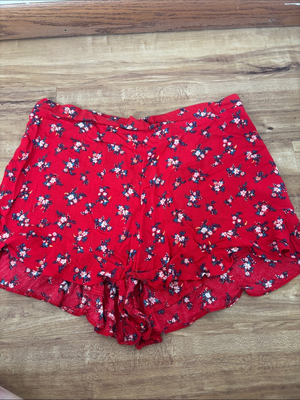 American Eagle Outfitters Red Floral High-Waist Ruffle Shorts